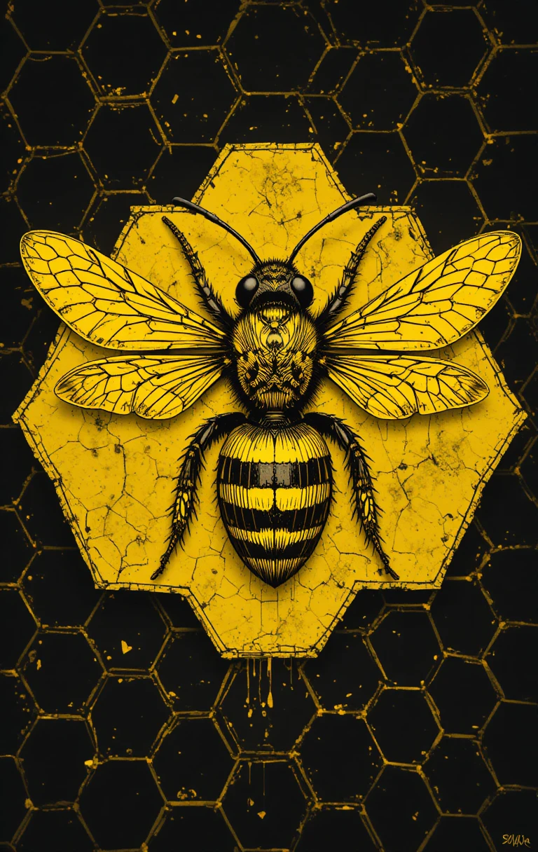 Abelha estilizada com asas abertas em fundo de colmeia hexagonal