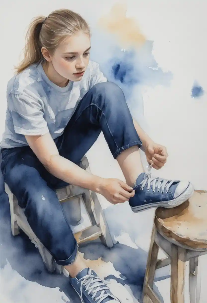 黄色いハイカットスニーカーのひもを結ぶ10代の少女の水彩画