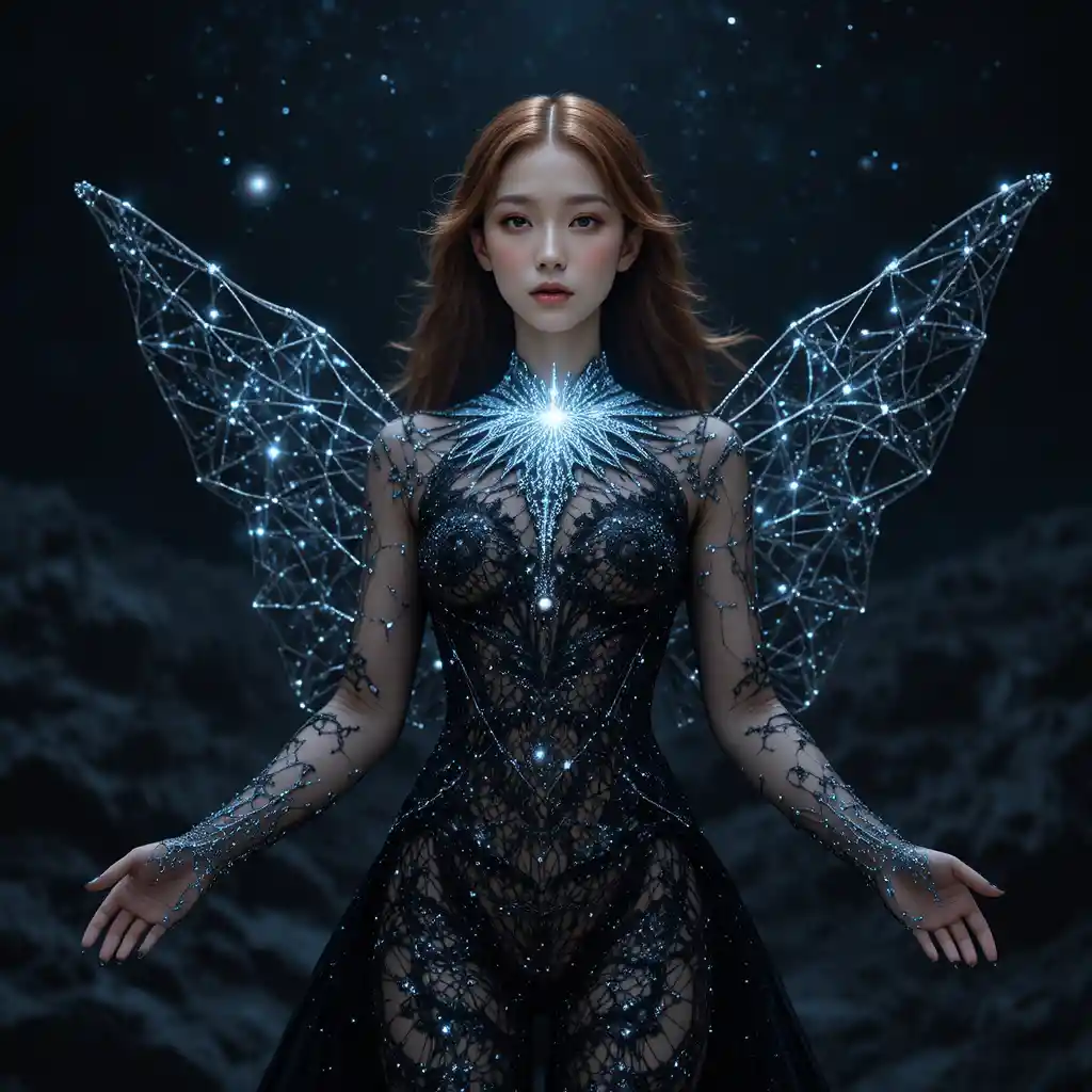 身穿暗色星辰蕾絲長裙的寧靜宇宙女子