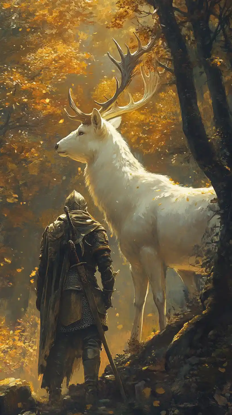 Cavaliere e cervo bianco in una foresta dorata all'alba