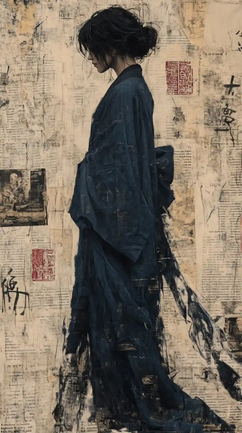 Profile portrait in blue robe on vintage collage background