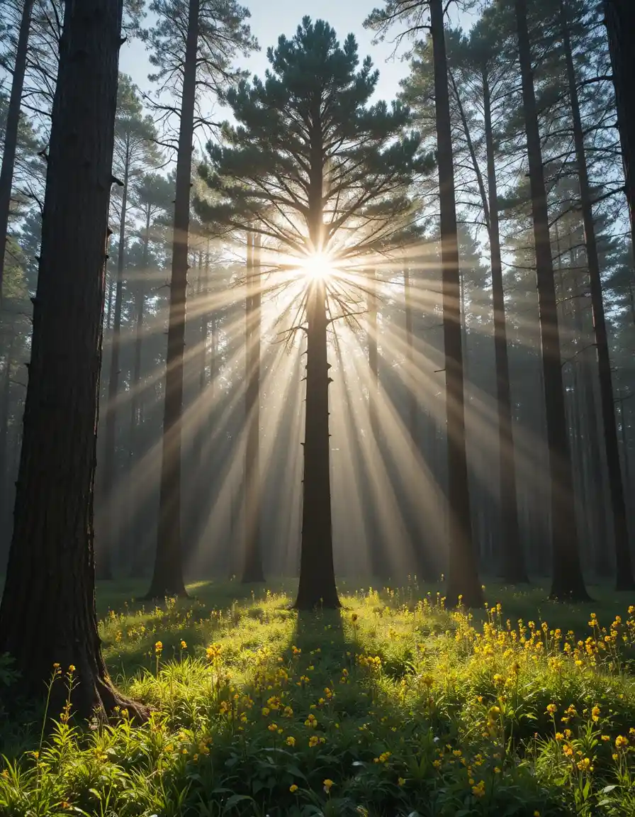 Forêt baignée de soleil avec grands pins et fleurs jaunes de printemps