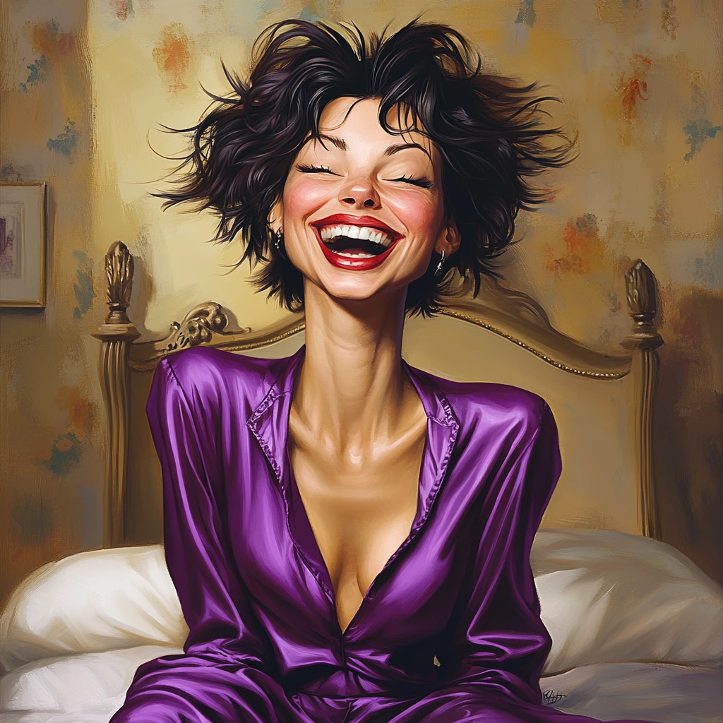Laughing woman in purple silk pajamas in bedroom