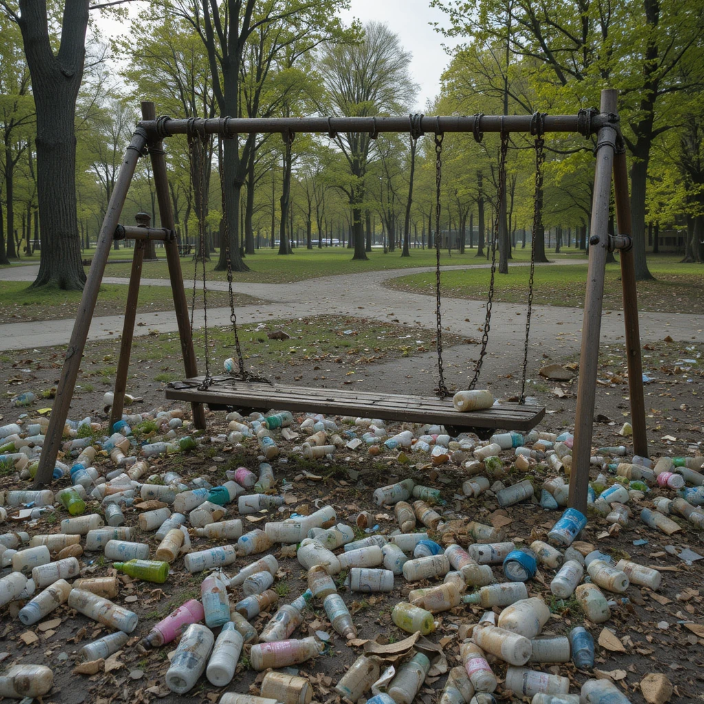 充滿散落垃圾與殘骸的荒廢公園