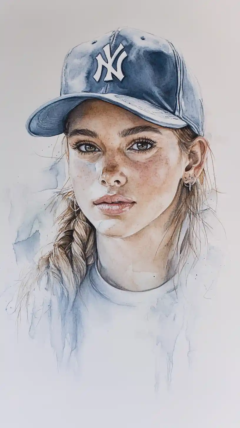 Mixed media bust portrait of a girl in baseball cap
