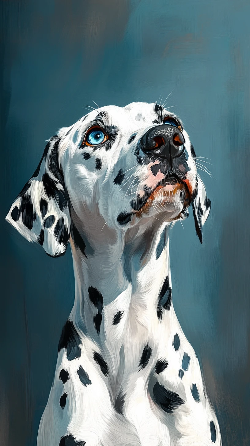 Portrait de dalmatien aux yeux dépareillés sur fond bleu