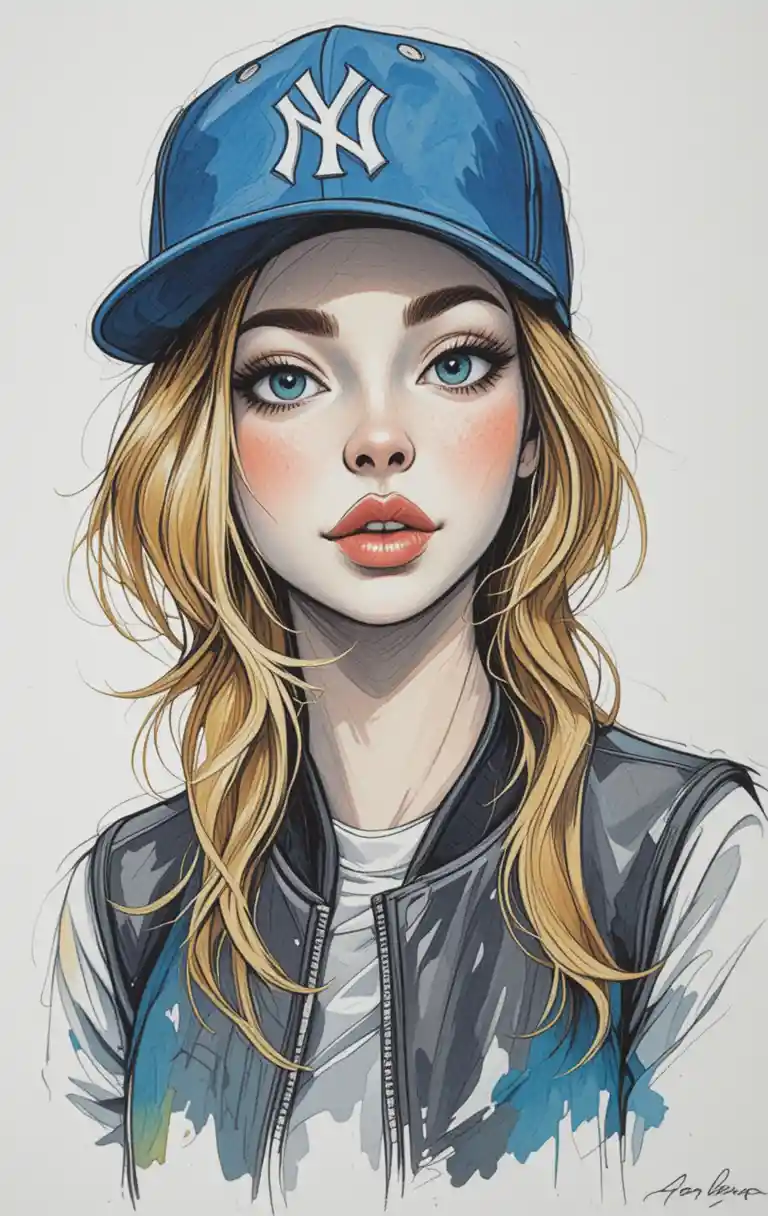 Retrato em mídia mista de uma garota com boné de beisebol