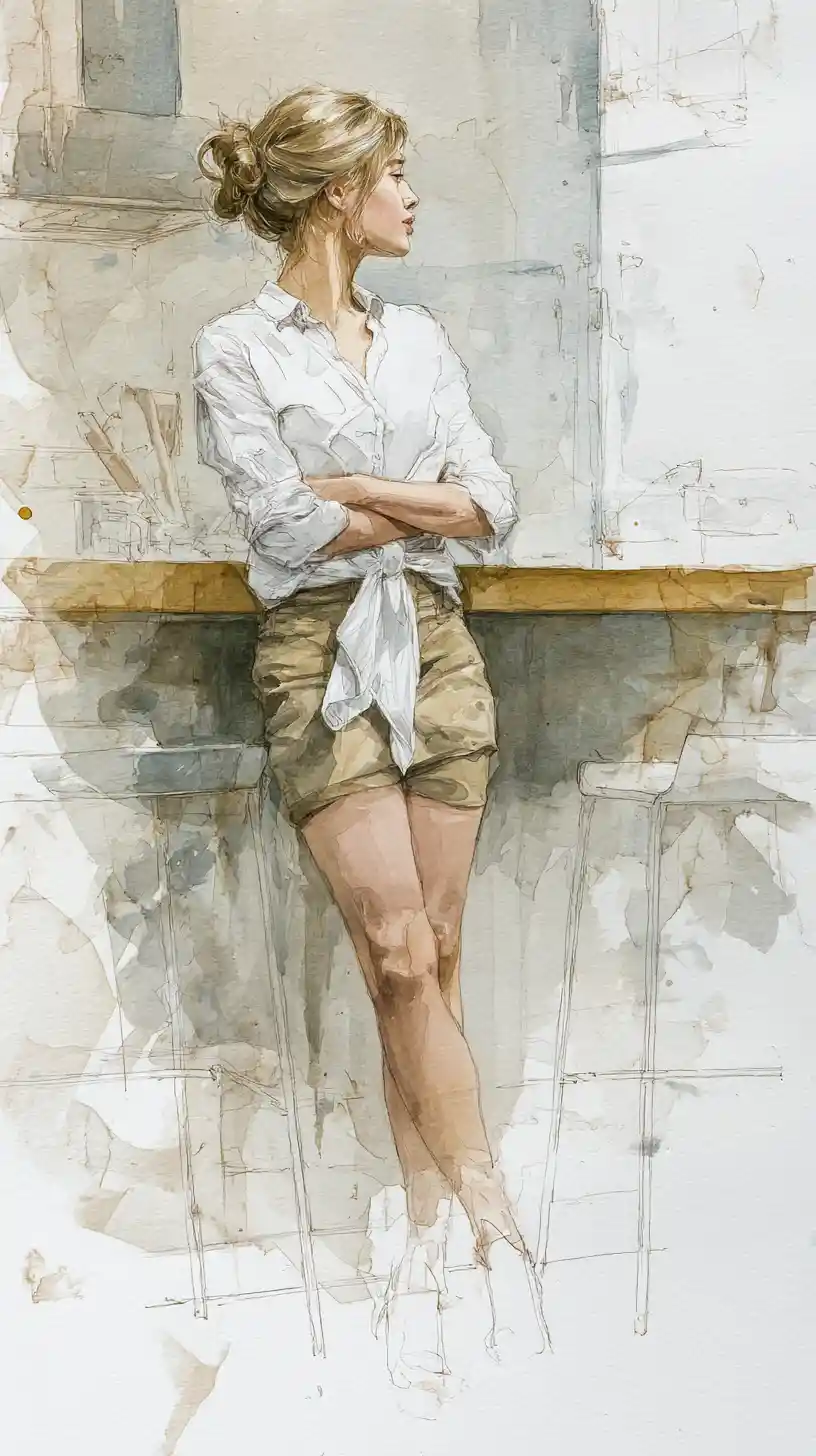 Watercolor of woman leaning on high table in rustic interior