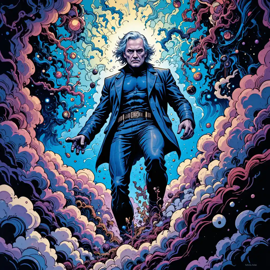 Surreal comic portrait of an artist in a cosmic realm