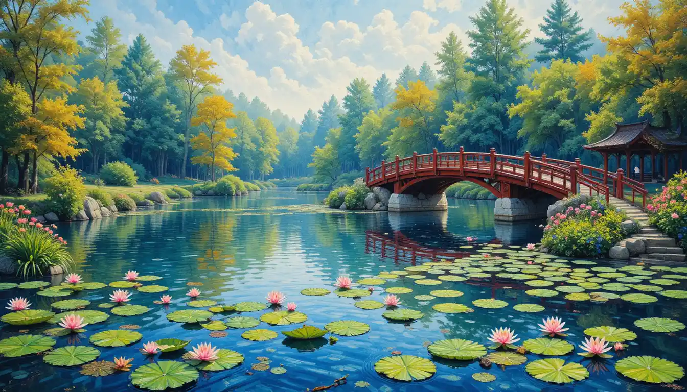 Étang de nénuphars paisible avec pont arqué en style pointilliste