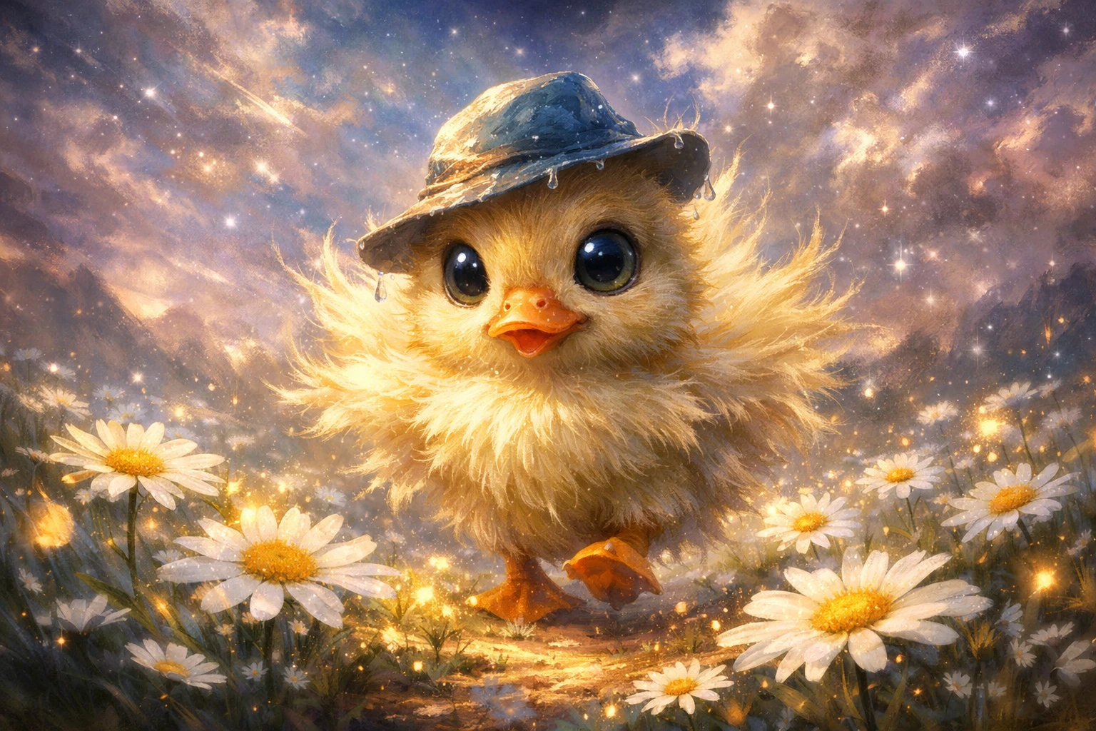 작은 비帽을 쓴 데이지 밭의 귀여운 아기 오리