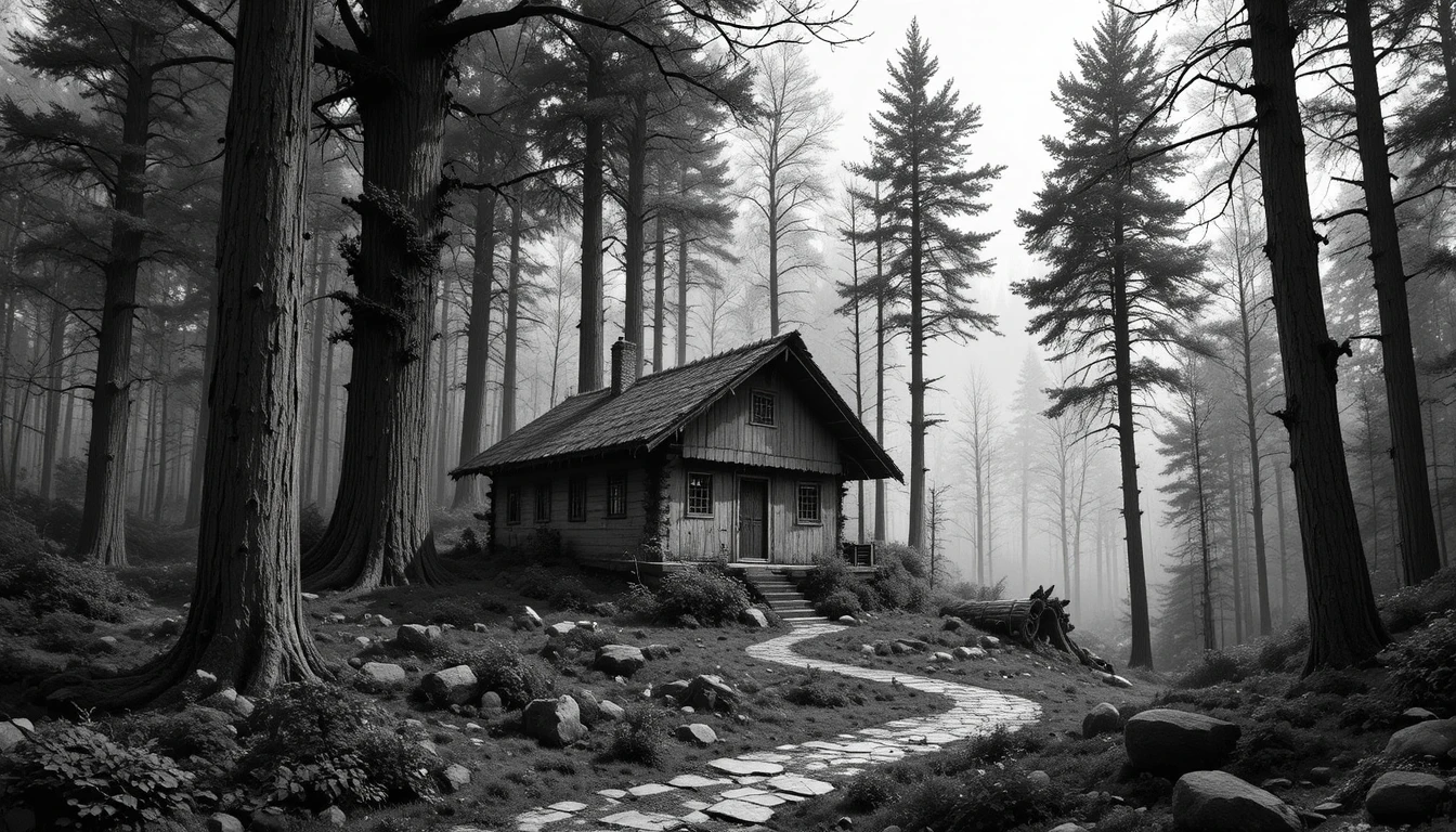 Rustic forest hut in detailed black and white engraving