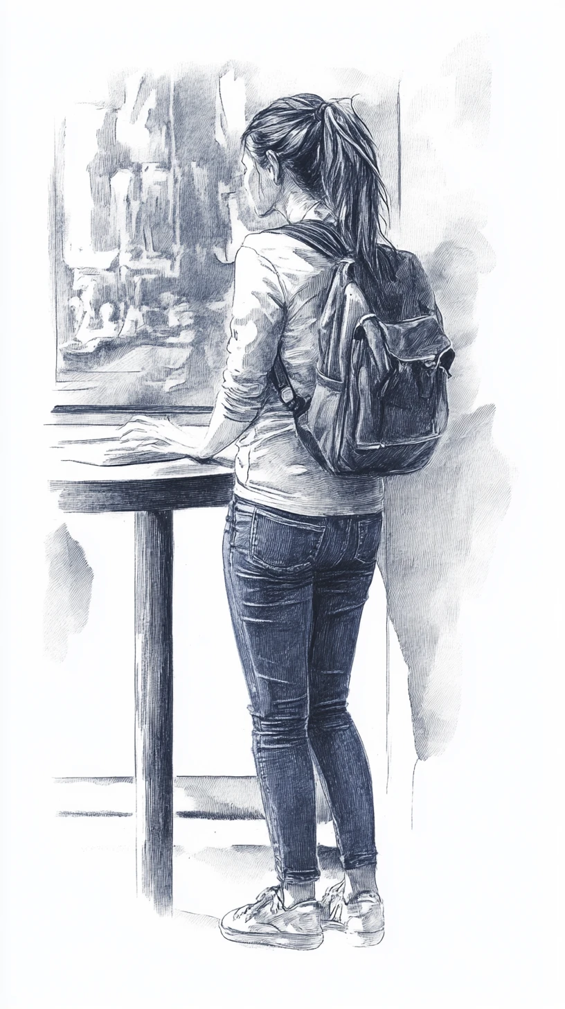 Aquarell einer jungen Frau, die sich drinnen an einen hohen Tisch lehnt
