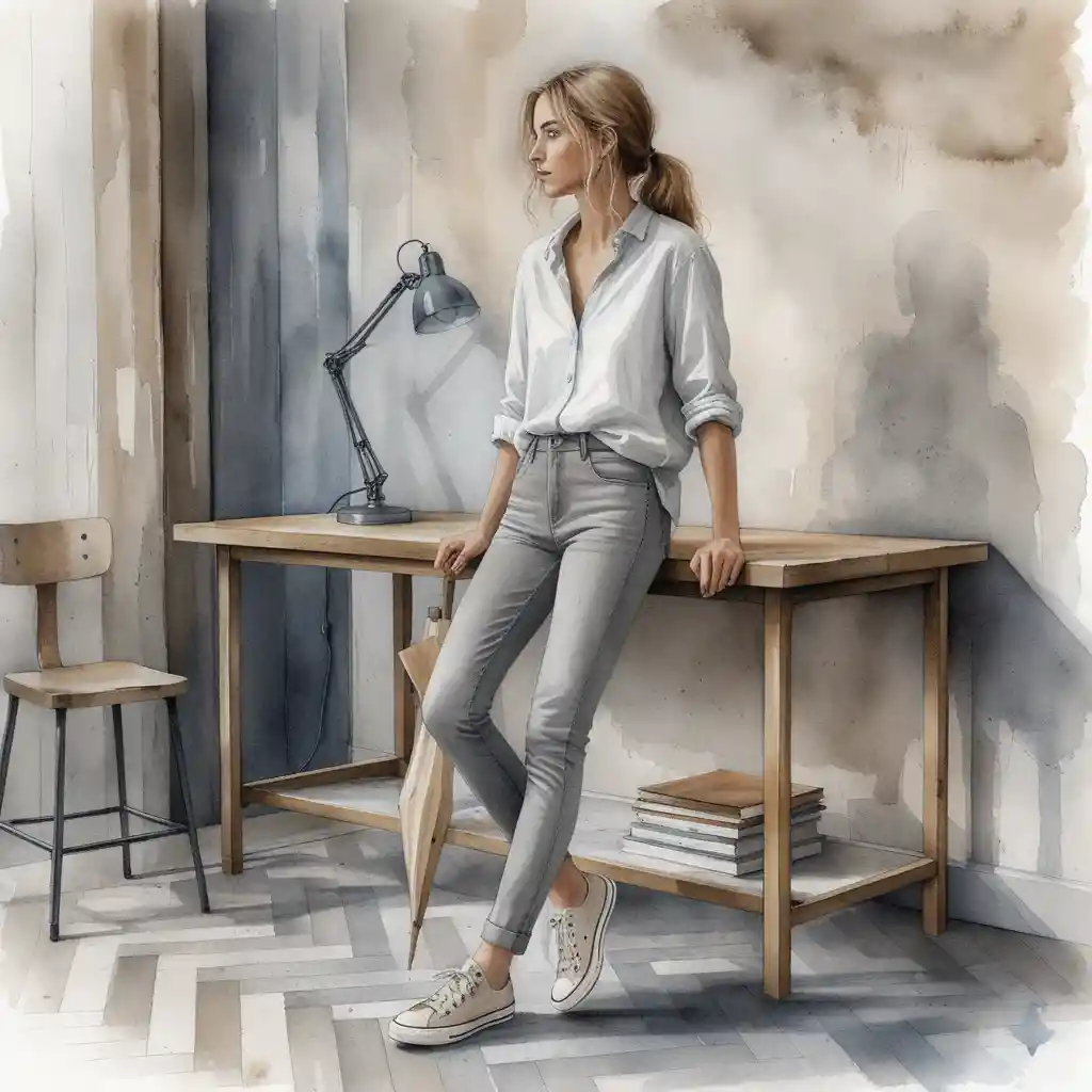 Watercolor of woman leaning on a tall table in rustic room