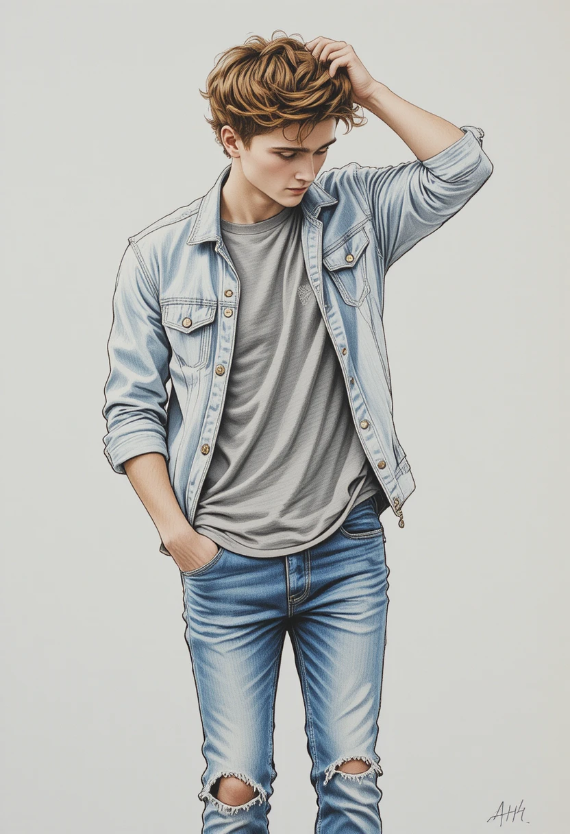 Disegno a matita di un giovane con giacca di jeans su sfondo bianco