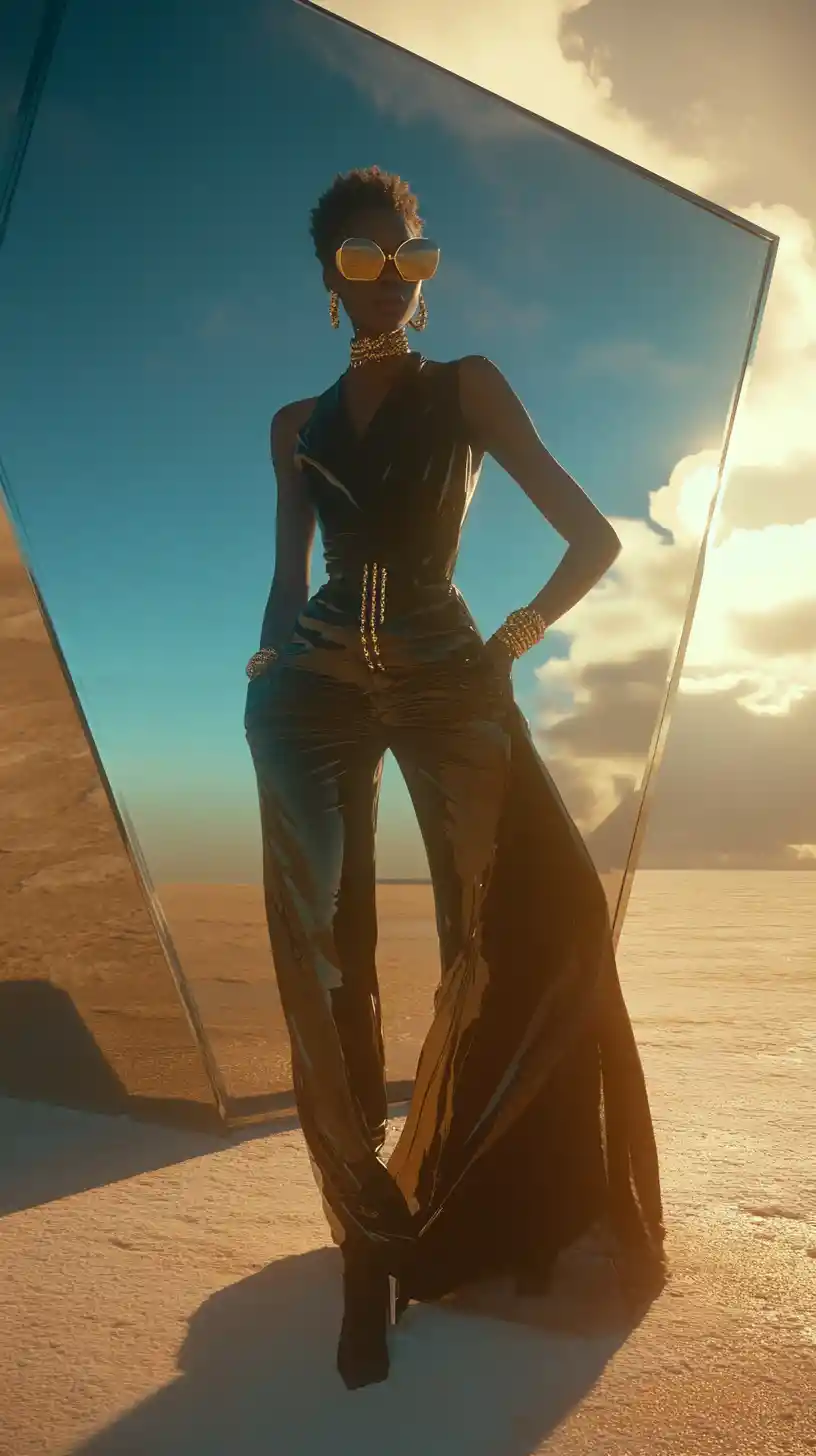 Afrofuturistic fashion model on reflective desert salt flats