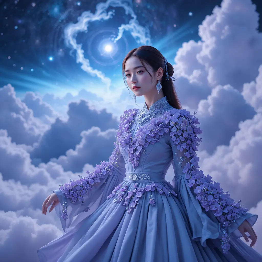 Korean woman in celestial lavender gown drifting through space