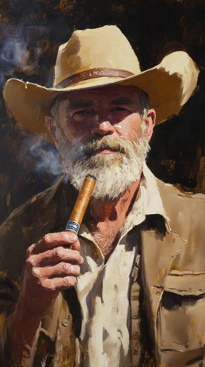 Cow-boy barbu fumant un cigare en portrait dramatique en contre-plongée