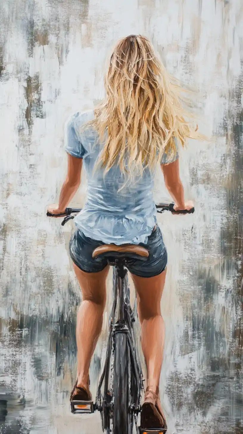 Blonde woman riding an urban bicycle in soft summer light