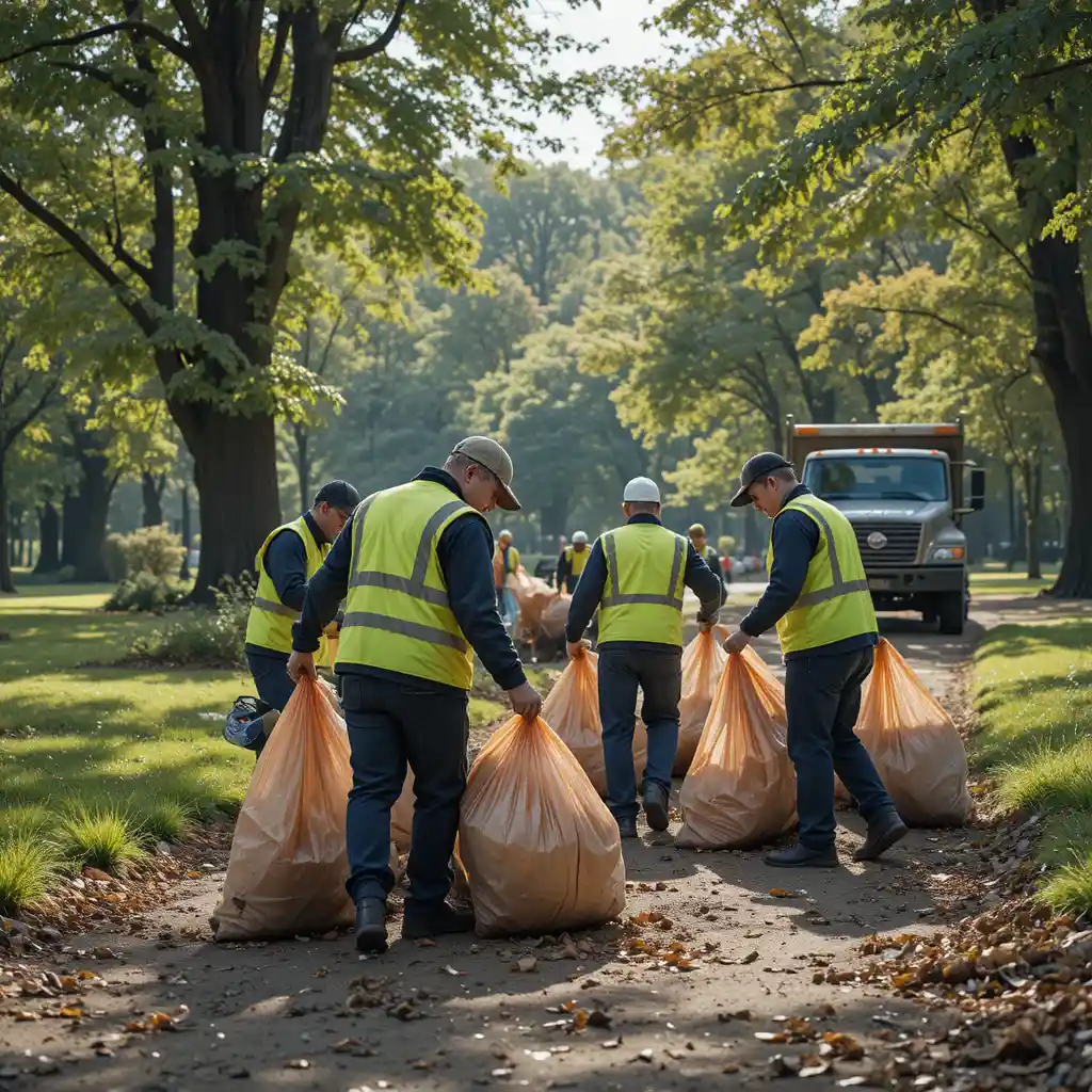 Workers cleaning garbage in a city park with truck nearby