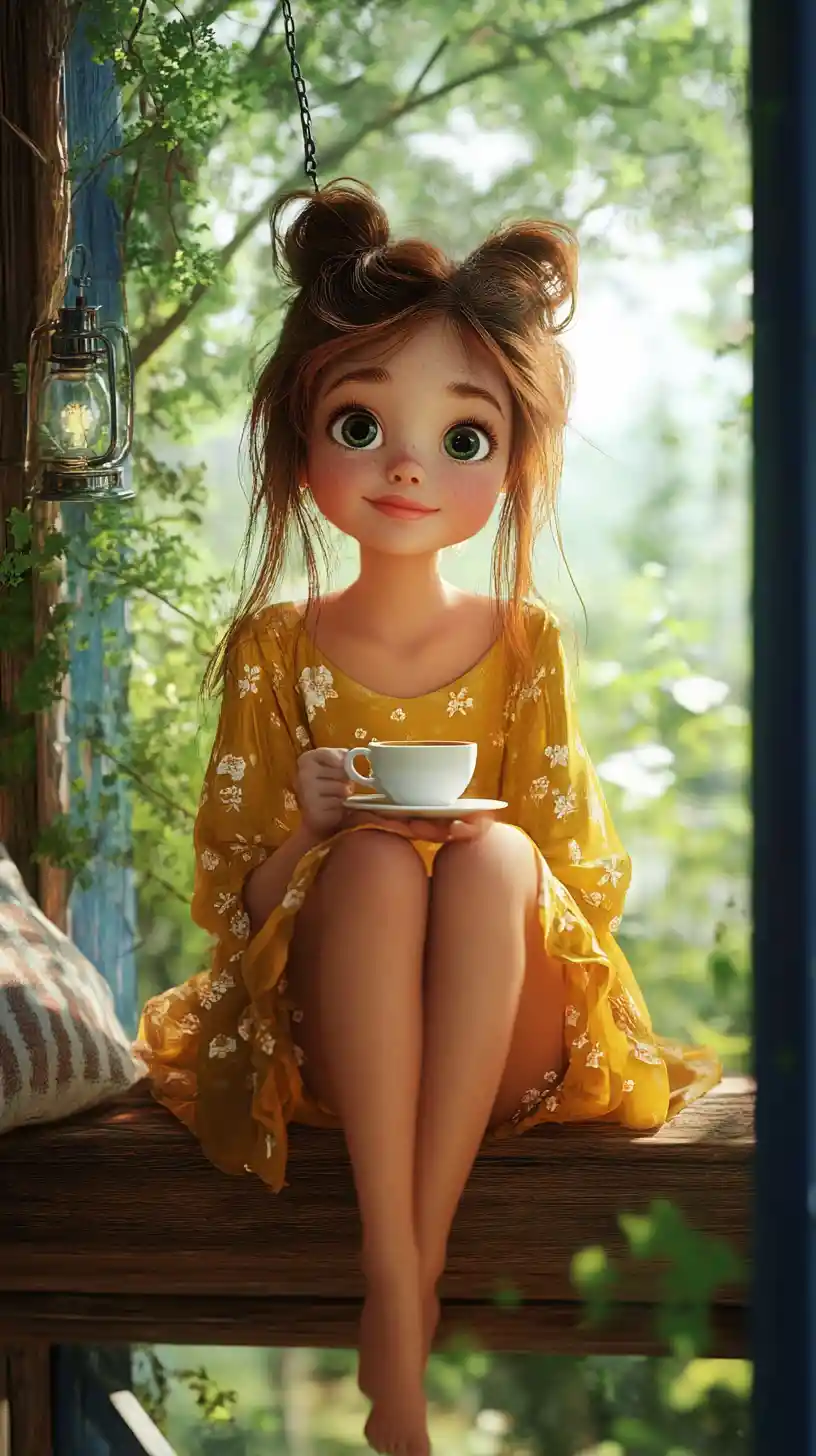Garota de anime em varanda rústica de madeira com xícara de café