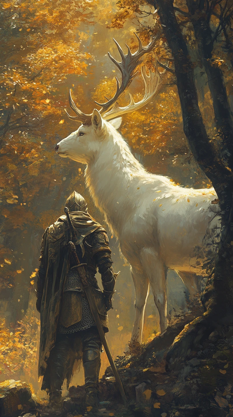 Cavaliere e cervo bianco in una foresta dorata all'alba