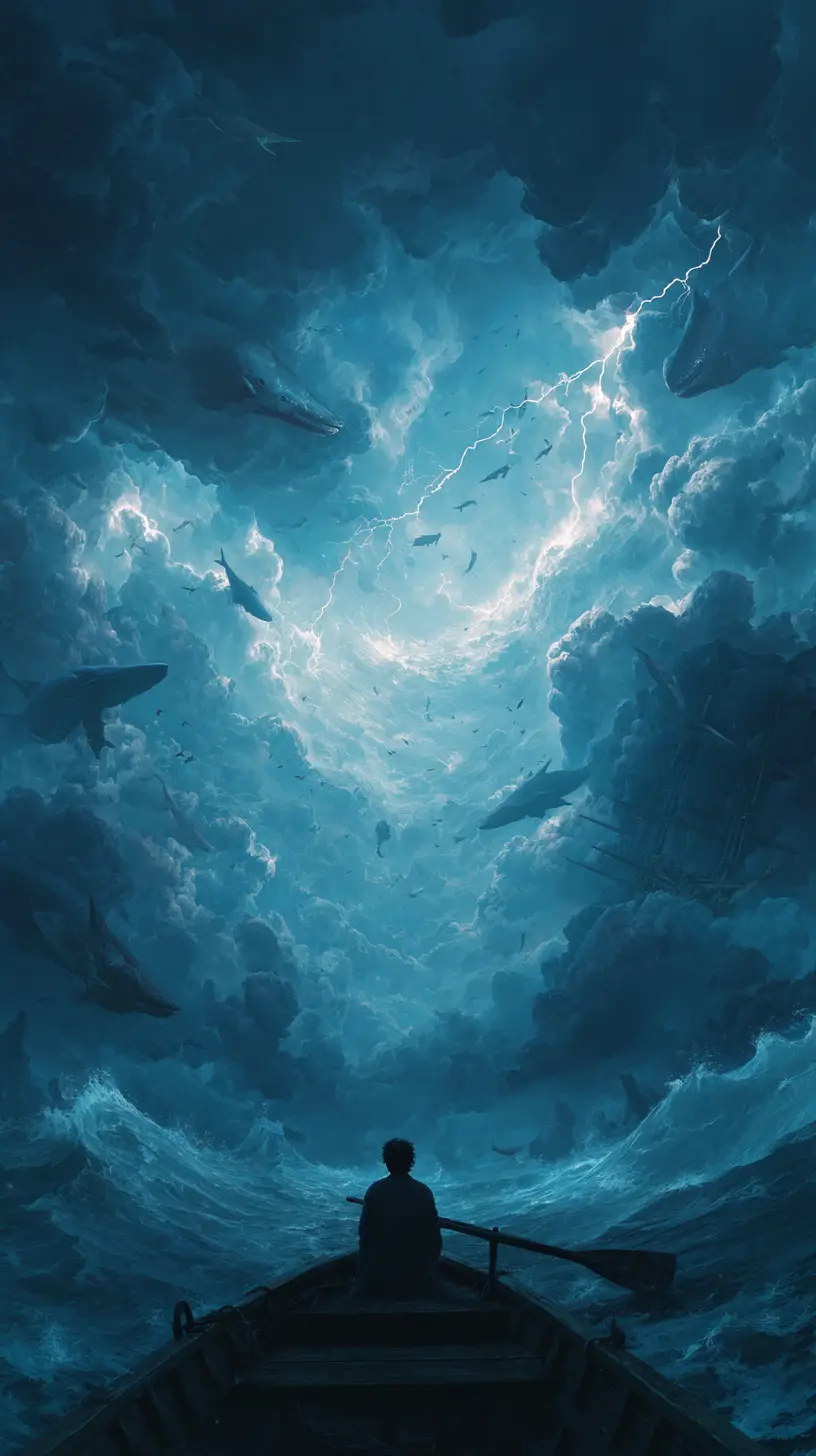 Sailor gazing into a glowing abyss in stormy ocean