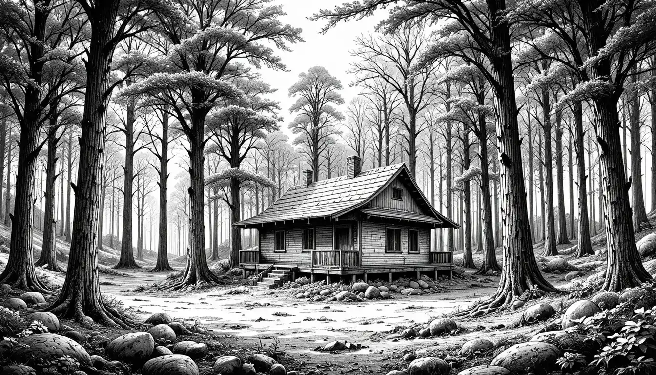 Forest hut surrounded by trees in simple engraving style