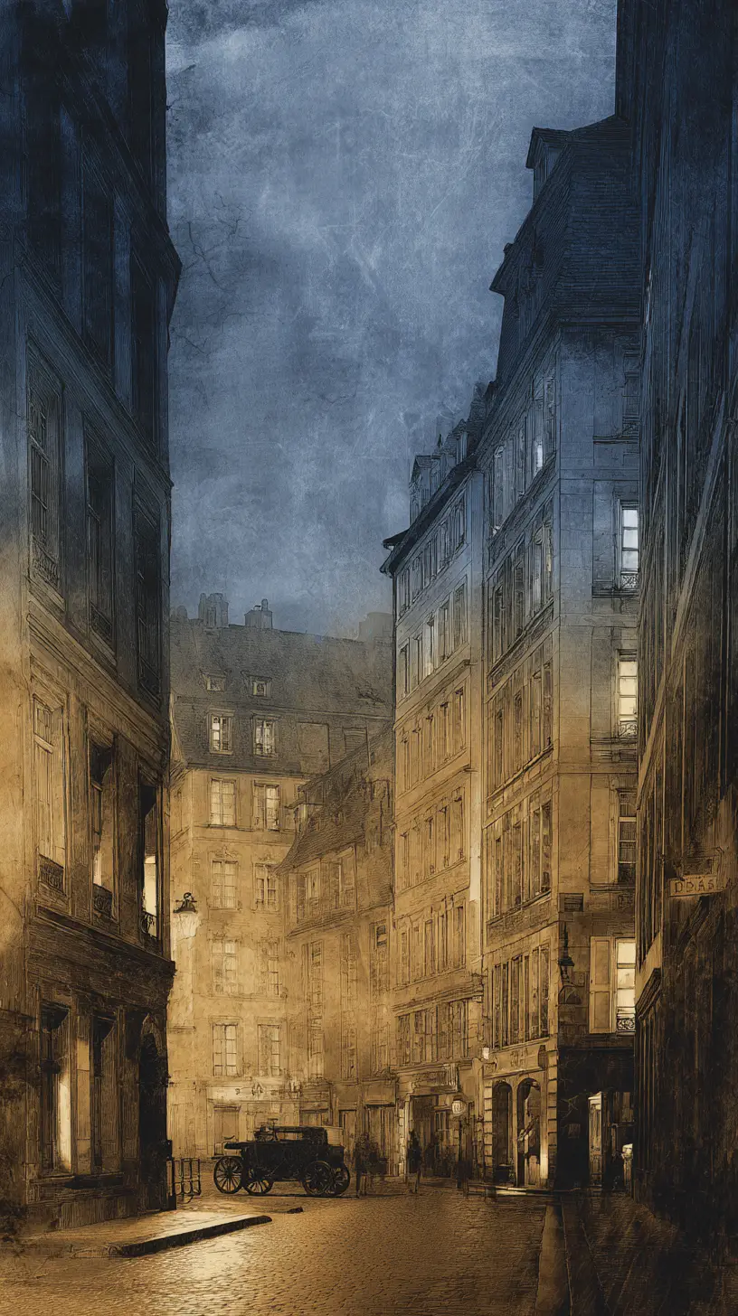 Atmospheric European city street rendered in detailed ink drawing