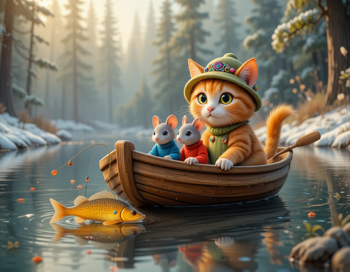 Orange tabby cat rowing a boat on a forest lake