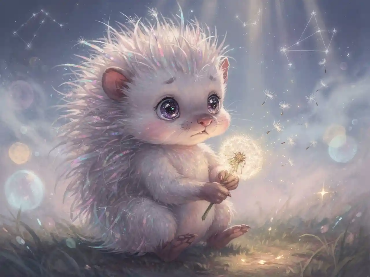 Cute baby porcupine with big eyes holding a dandelion puff