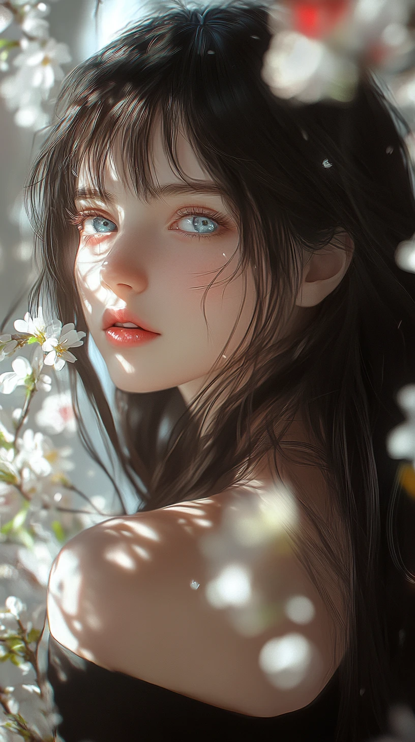Anime girl portrait with flowers and shimmering light