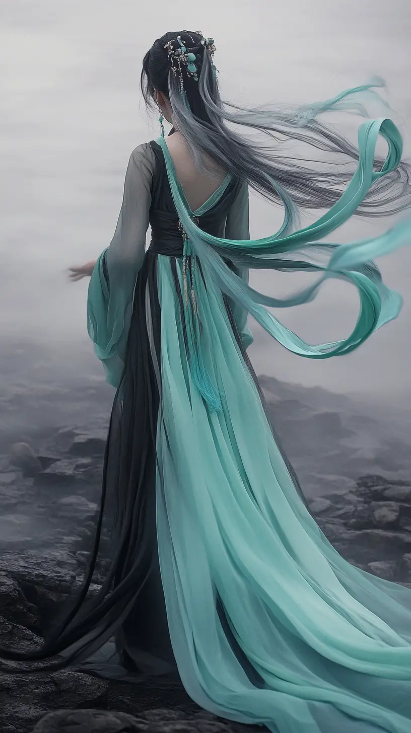 Woman in flowing turquoise dress in misty open landscape