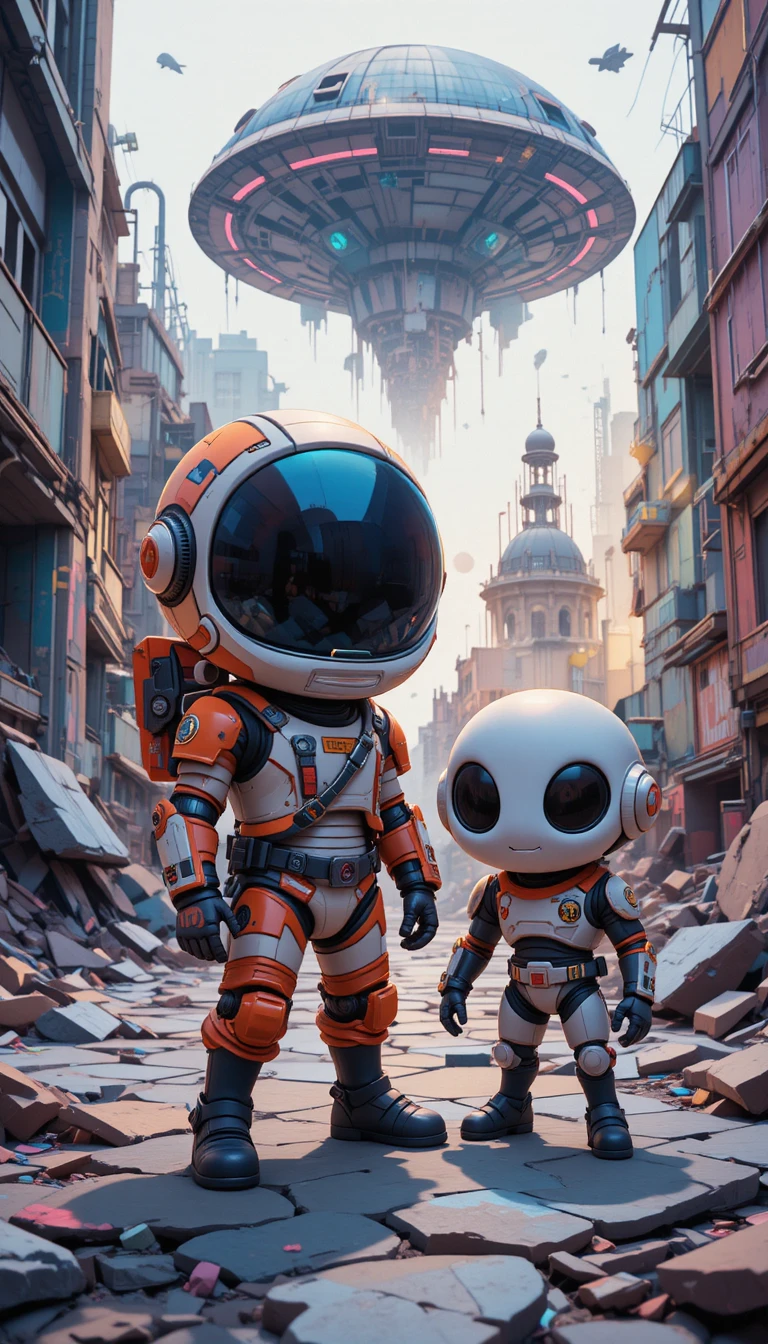 Niño guerrero espacial con oso robótico en invasión alienígena