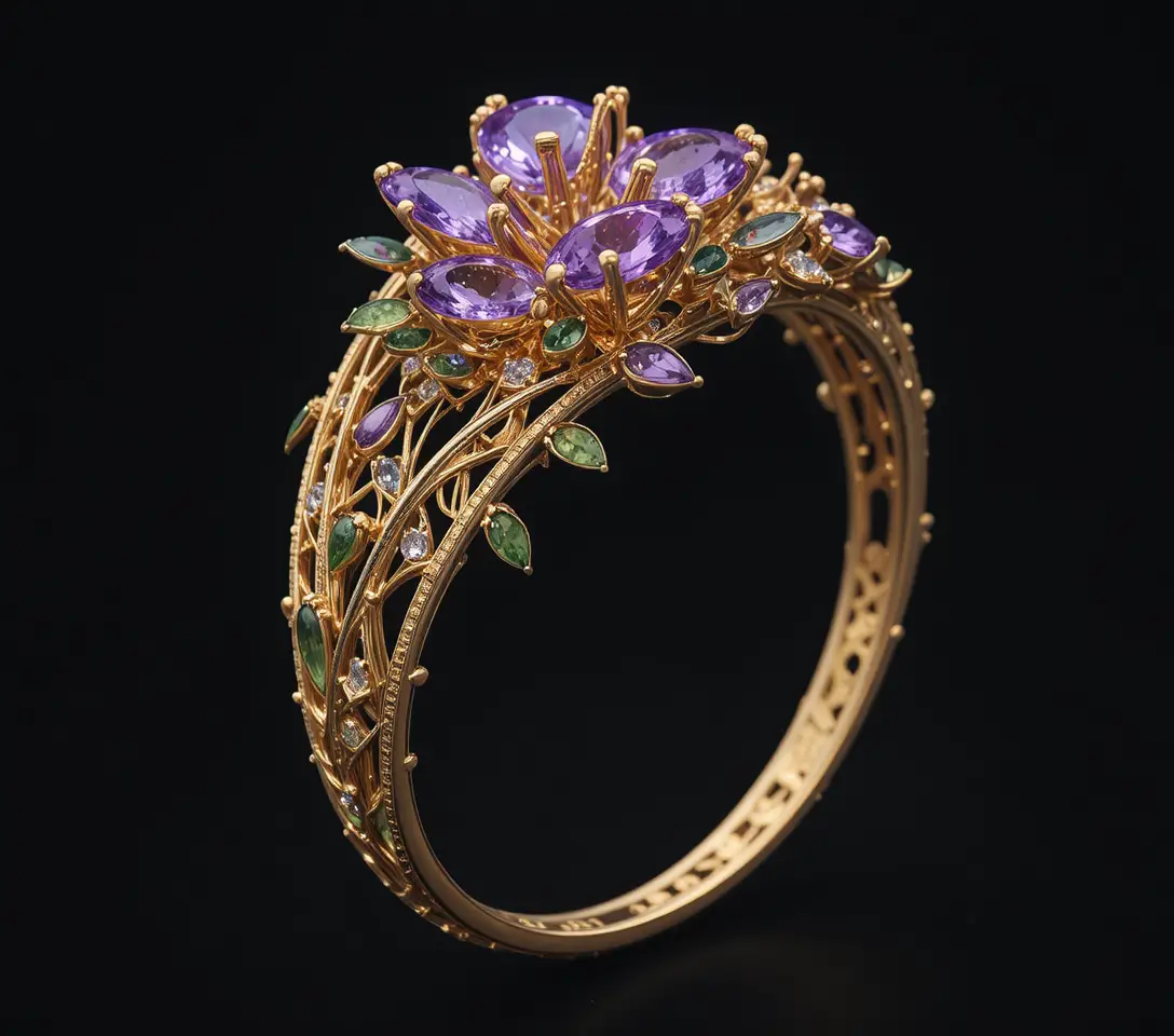 Side view gold bracelet with amethyst and peridot flowers