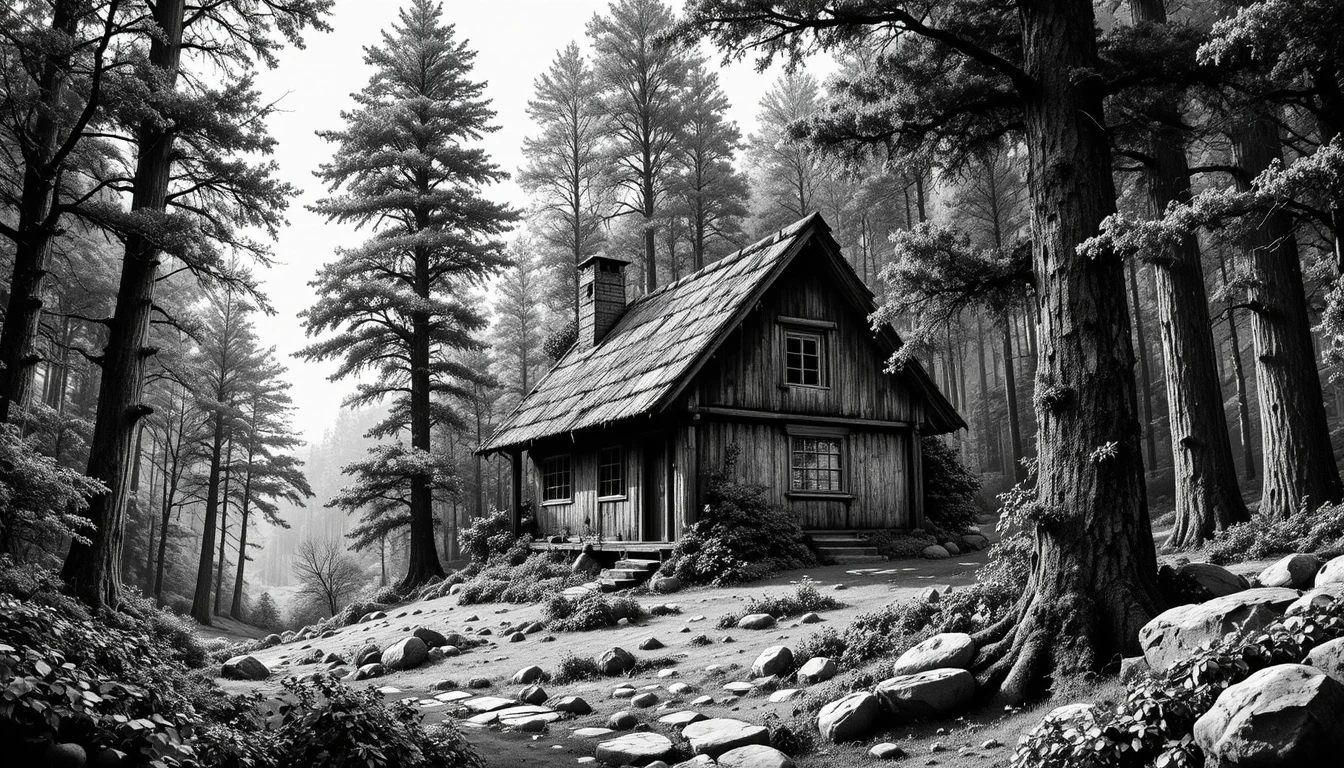 Rustic forest hut rendered as detailed black and white engraving