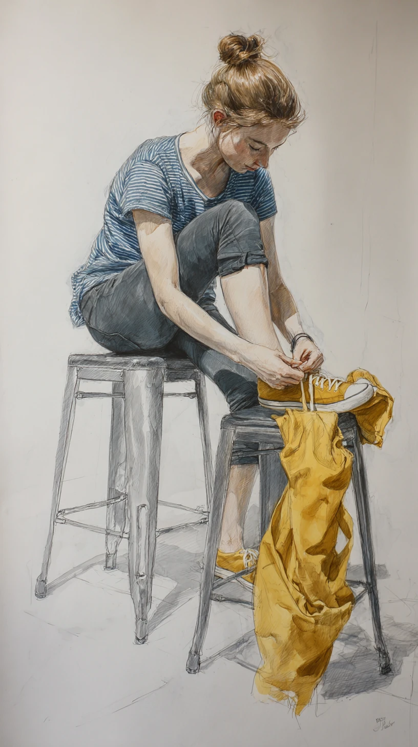 Watercolor top view of a girl tying yellow sneakers
