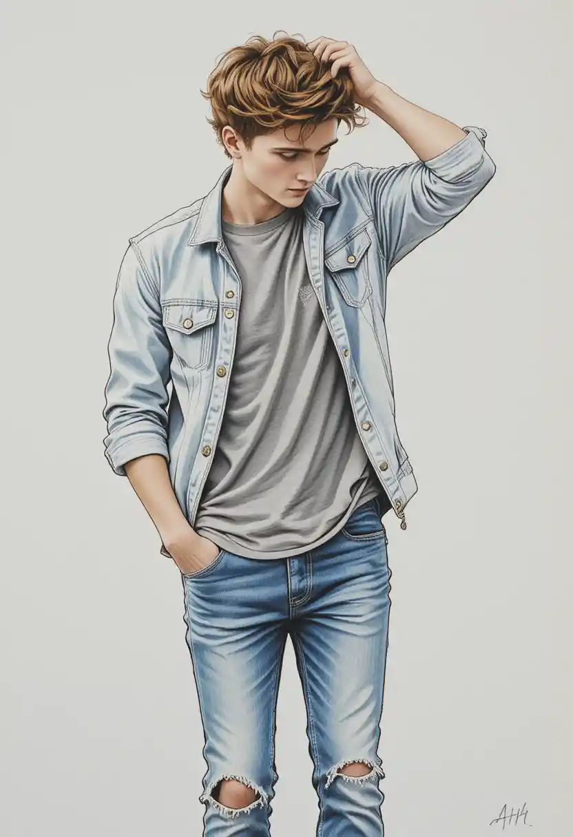 Disegno a matita di un giovane con giacca di jeans su sfondo bianco