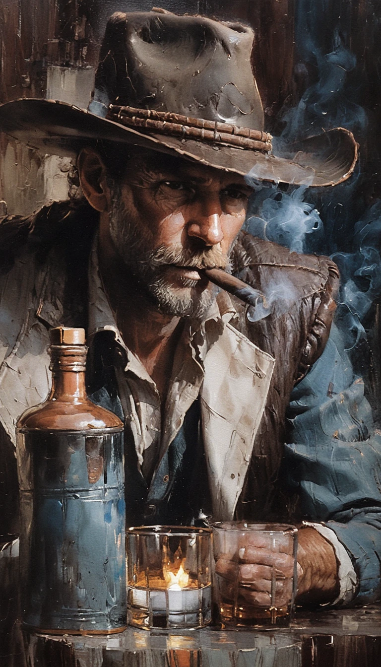 Vaquero barbudo y melancólico fumando un puro en retrato a contrapicado