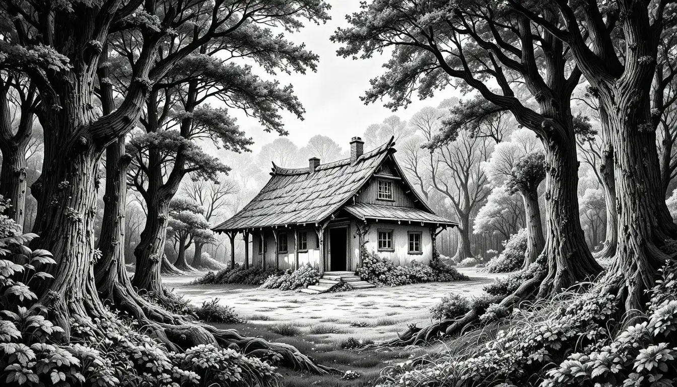 Forest hut engraving framed by detailed black and white trees