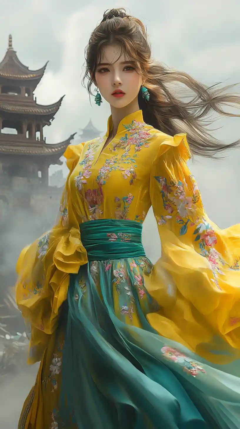 Anime woman in yellow brocade before ancient temple ruins