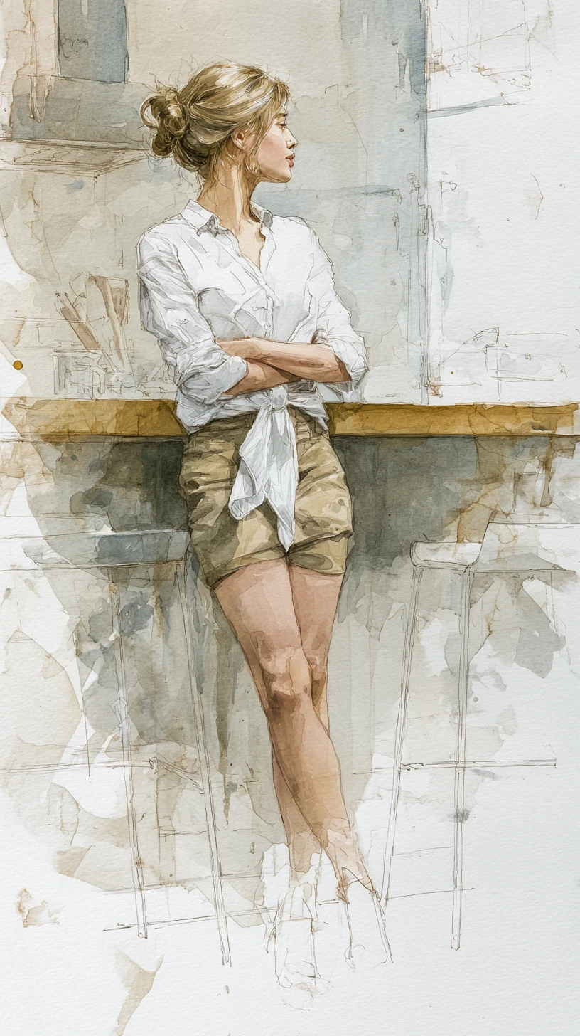 Watercolor of woman leaning on high table in rustic interior