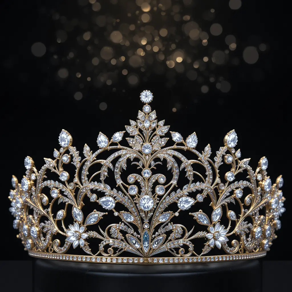 Tiara elegante de diamantes em fundo preto com foco de luz