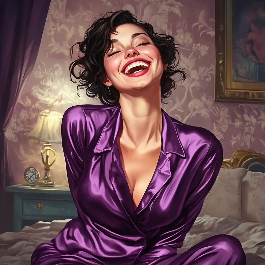 Laughing woman in purple silk pajamas in bedroom