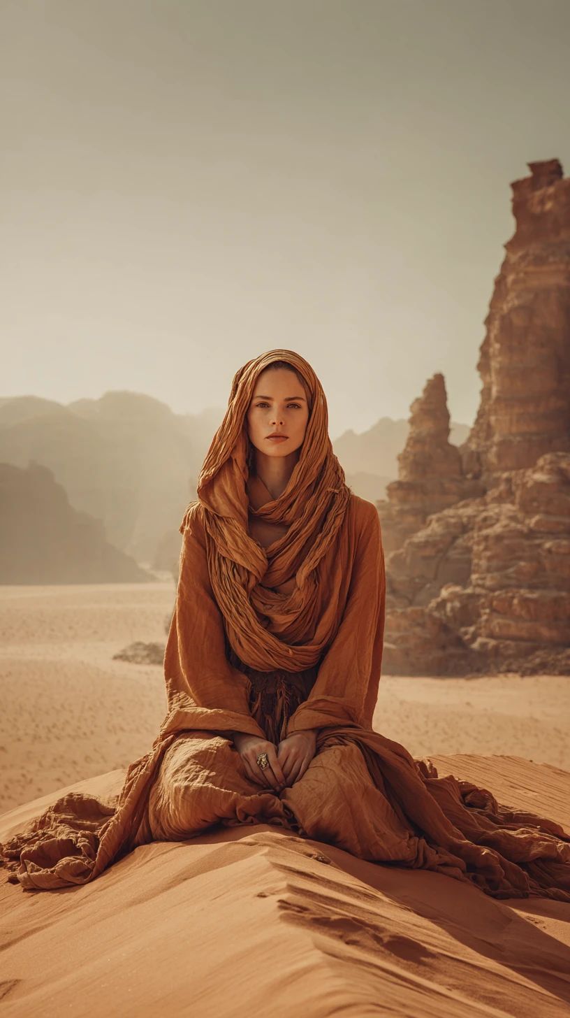 Woman resting on a steep sand dune in soft desert light