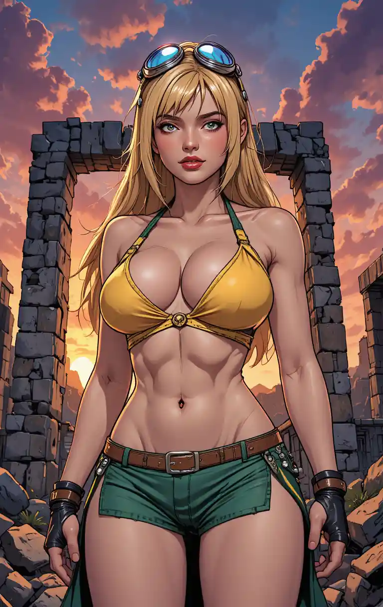 Blonde warrior woman at sunset among ancient stone ruins