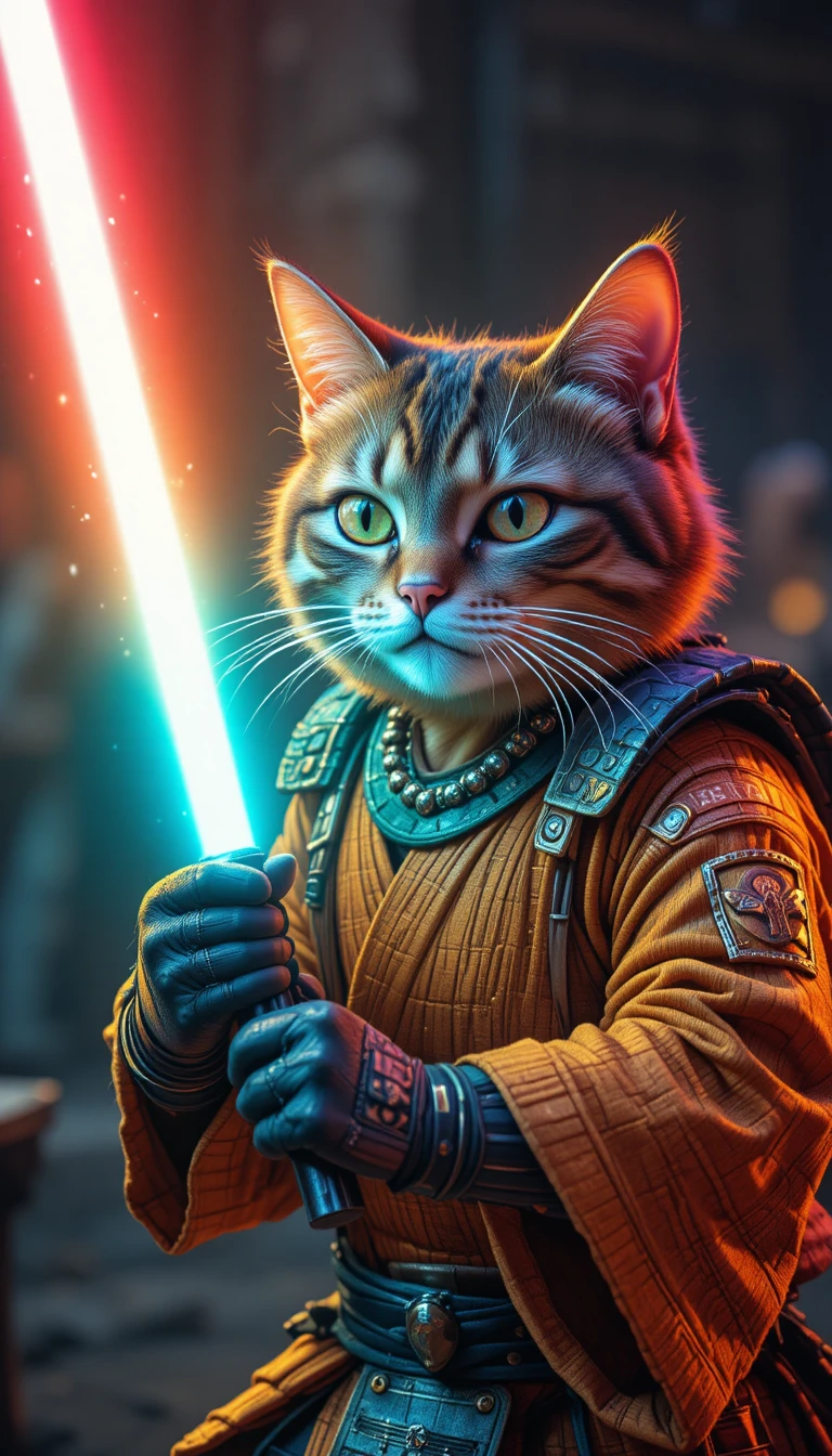 Samurai-Katze mit leuchtendem Lichtschwert im satirischen Stil