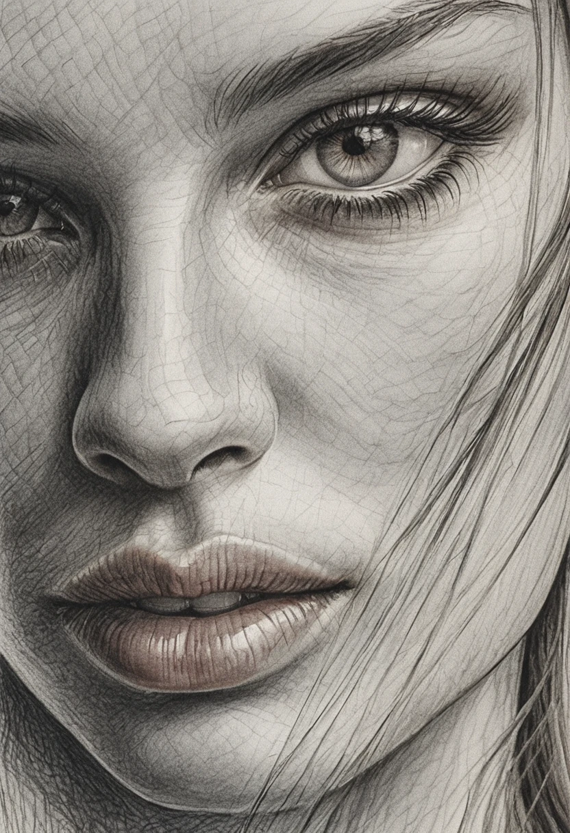 Graphite close up of a womans eye nose and mouth