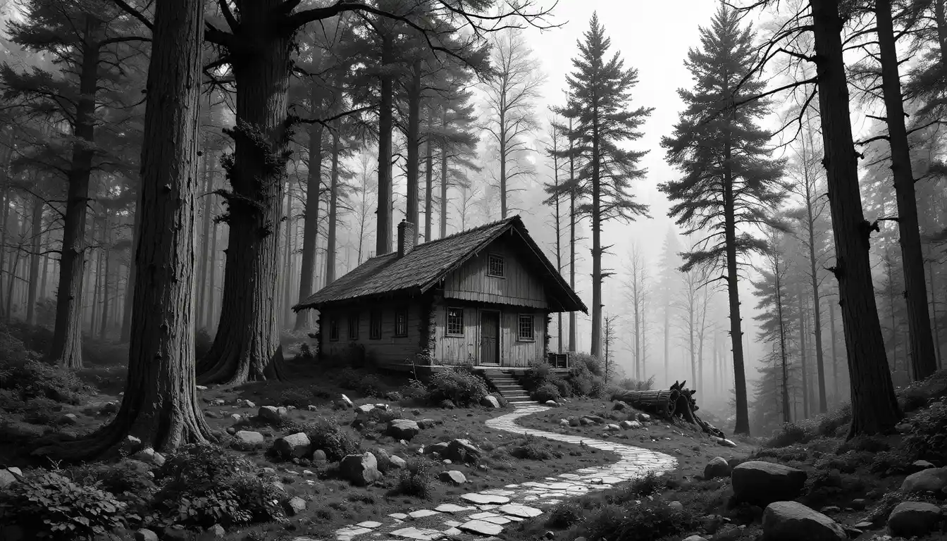 Rustic forest hut in detailed black and white engraving