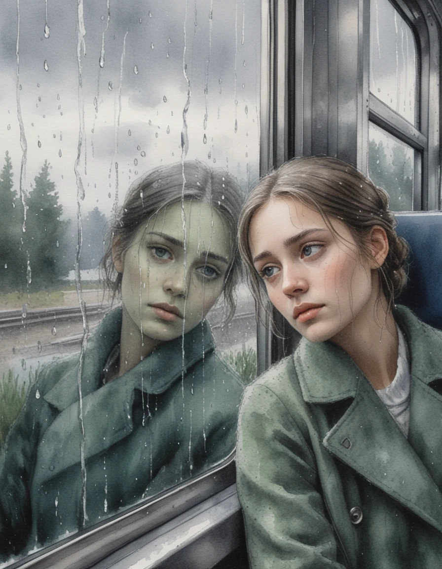 Thoughtful young woman on a rainy train watercolor painting